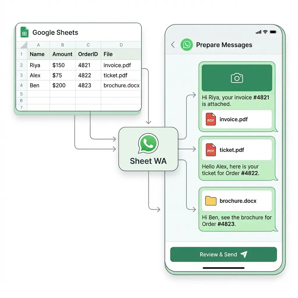 Sheet WA sending WhatsApp messages with attachments like images, PDFs, and documents