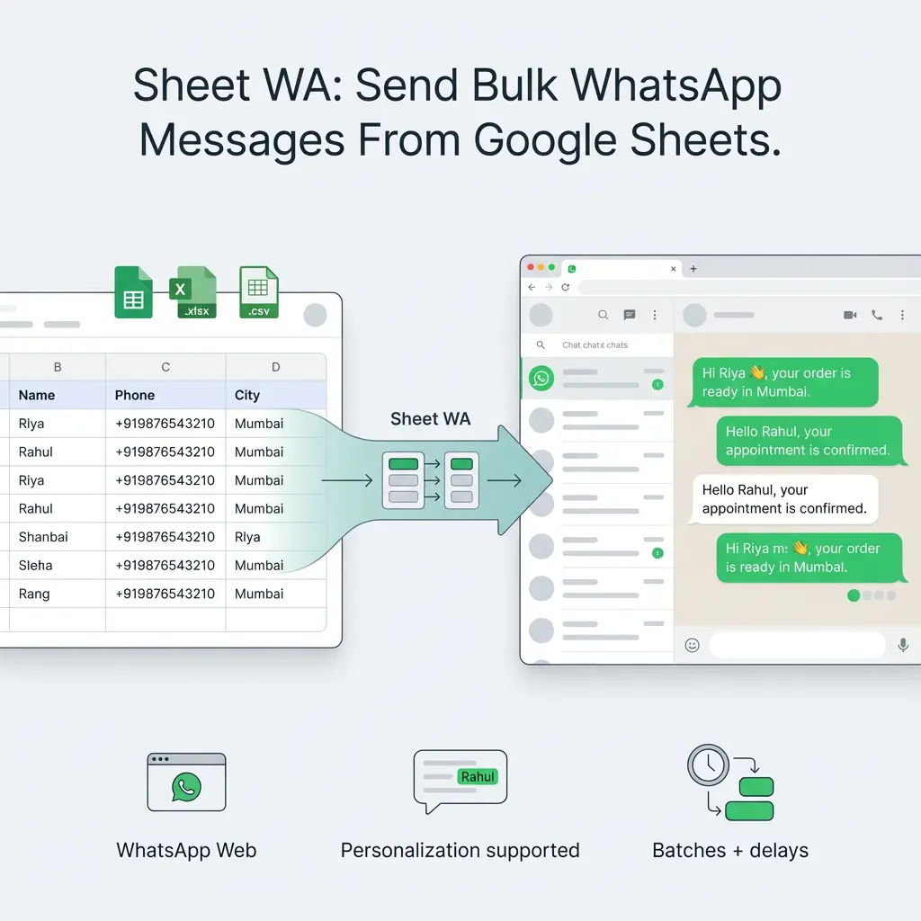 Sheet WA interface showing how to send bulk WhatsApp messages from Google Sheets with personalization and attachments