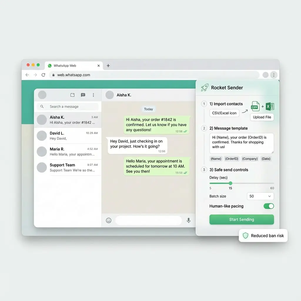 WA Rocket Sender WhatsApp bulk message sender interface showing how to send personalized messages at scale directly from WhatsApp Web