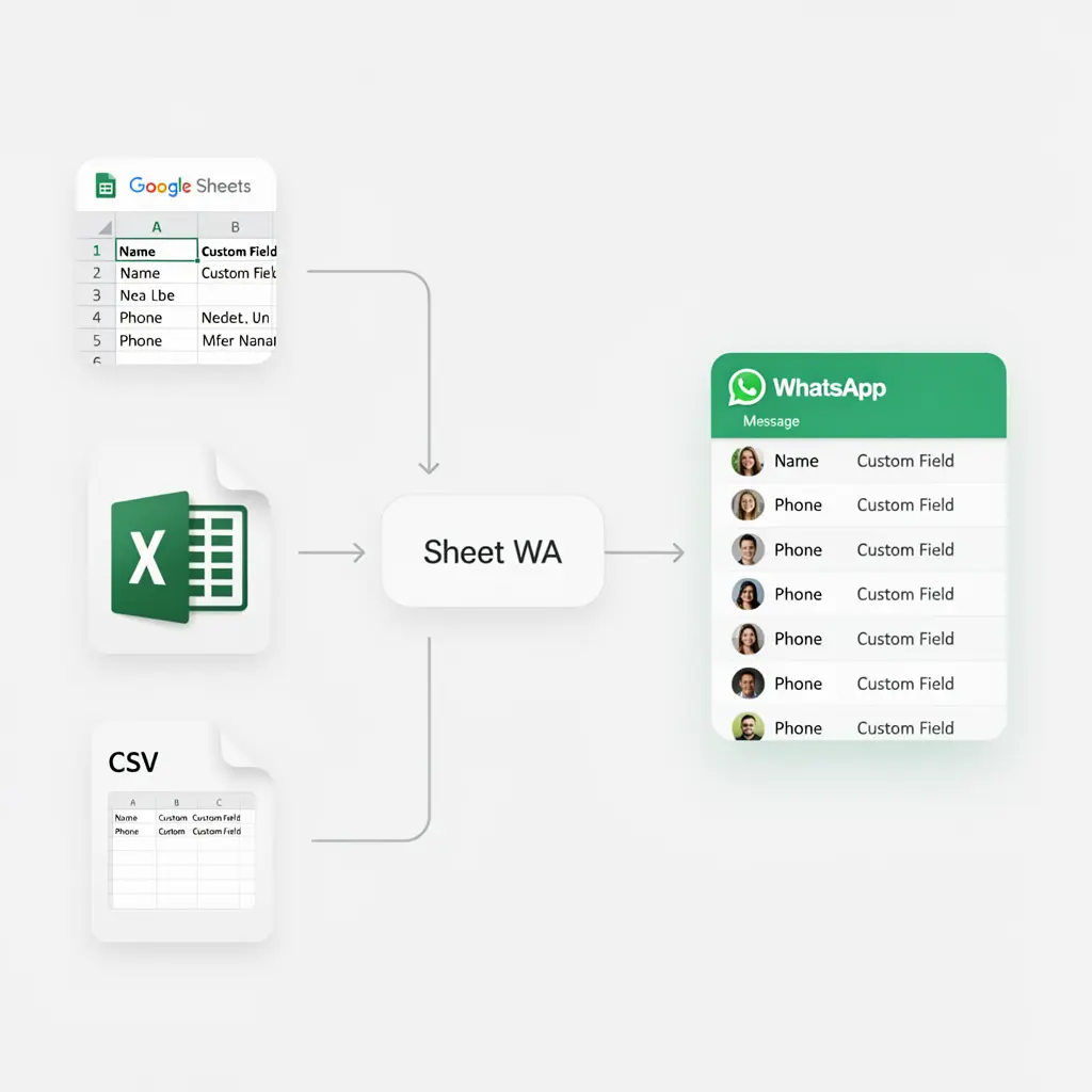Sheet WA importing contacts from Google Sheets, Excel, or CSV for bulk WhatsApp messaging