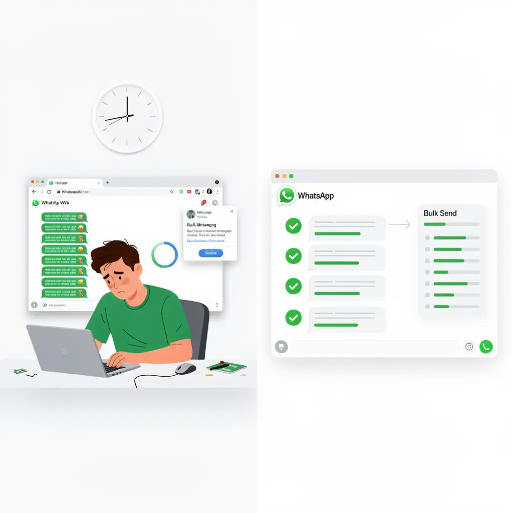 Screenshot showing how WAbulk saves time by automating bulk WhatsApp messages instead of manual copy-pasting, sending hundreds of messages in one click