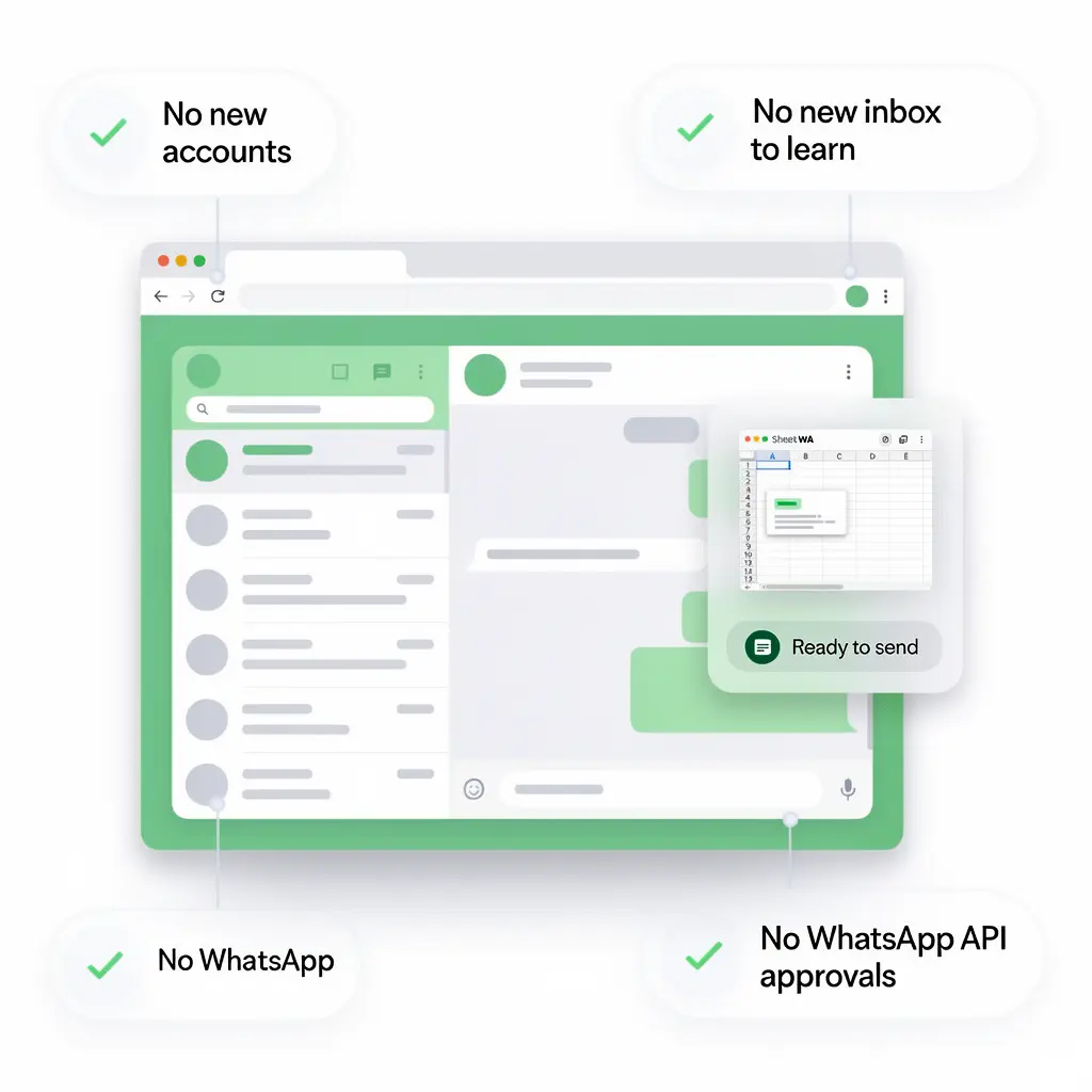 Sheet WA working inside WhatsApp Web with no separate dashboard required